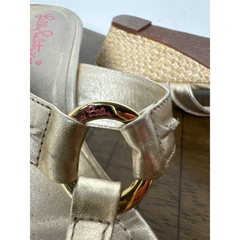 Lilly Pulitzer McKim Gold Metallic Leather Wedge Sandals Women’s 8M Resort